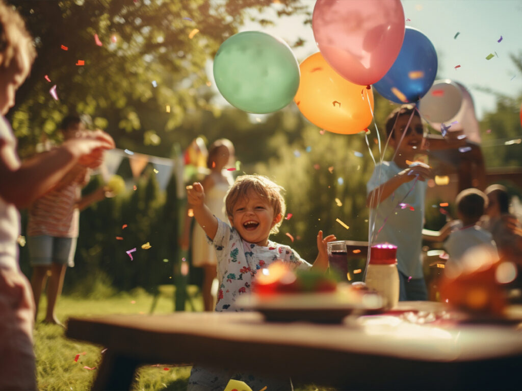 A joyful child celebrating a birthday party outdoors, surrounded by balloons, confetti, and other children in a vibrant atmosphere.