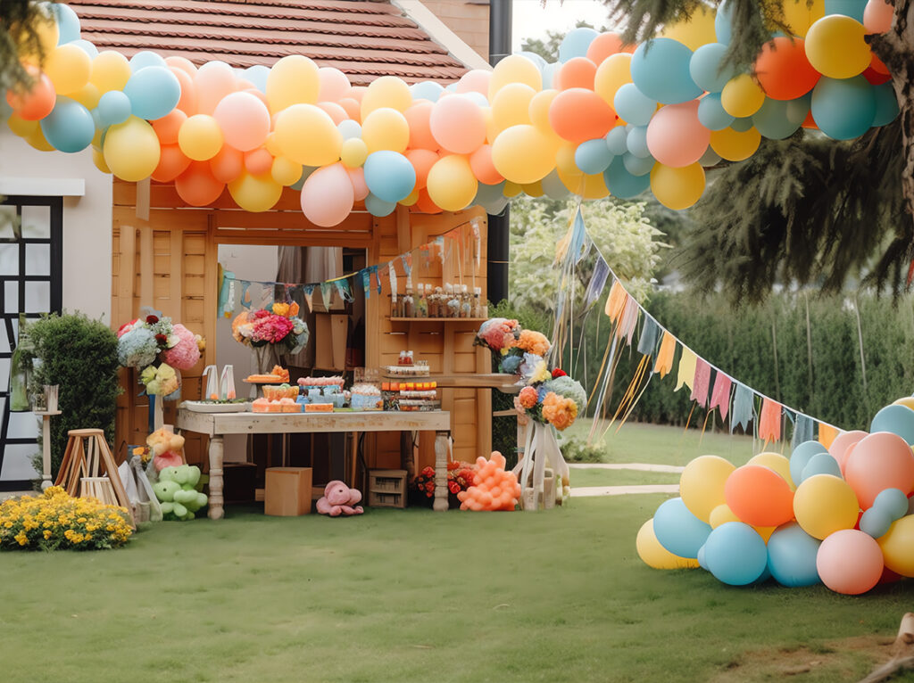 Beautiful outdoor party setup with colorful balloons, decorations, and a dessert table arranged by Kids Day Events.