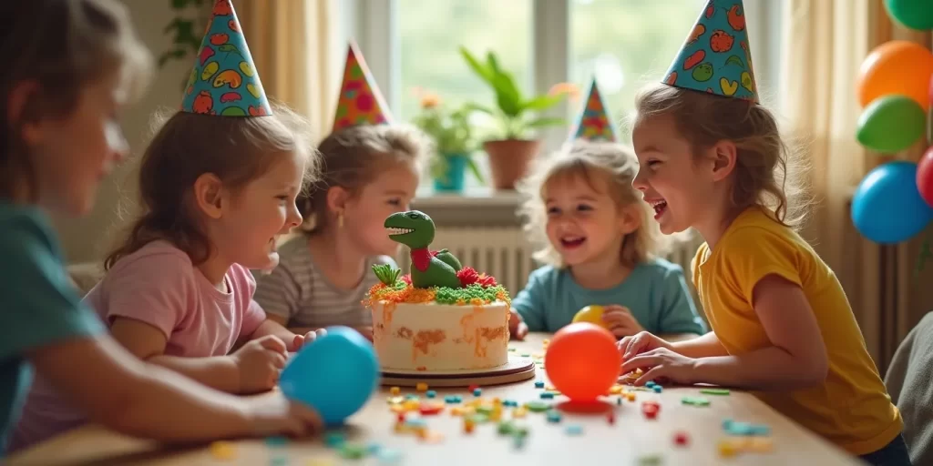 A group of children wearing colorful party hats joyfully gathered around a table with a dinosaur-themed birthday cake.