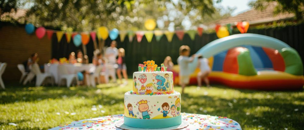 A two-tiered birthday cake decorated with cartoon characters on a table, with children playing and colorful party decorations in the background.
