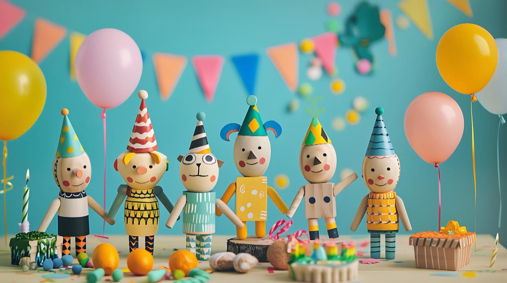 A row of wooden toy figures wearing party hats, surrounded by balloons, candles, and festive decorations on a table.