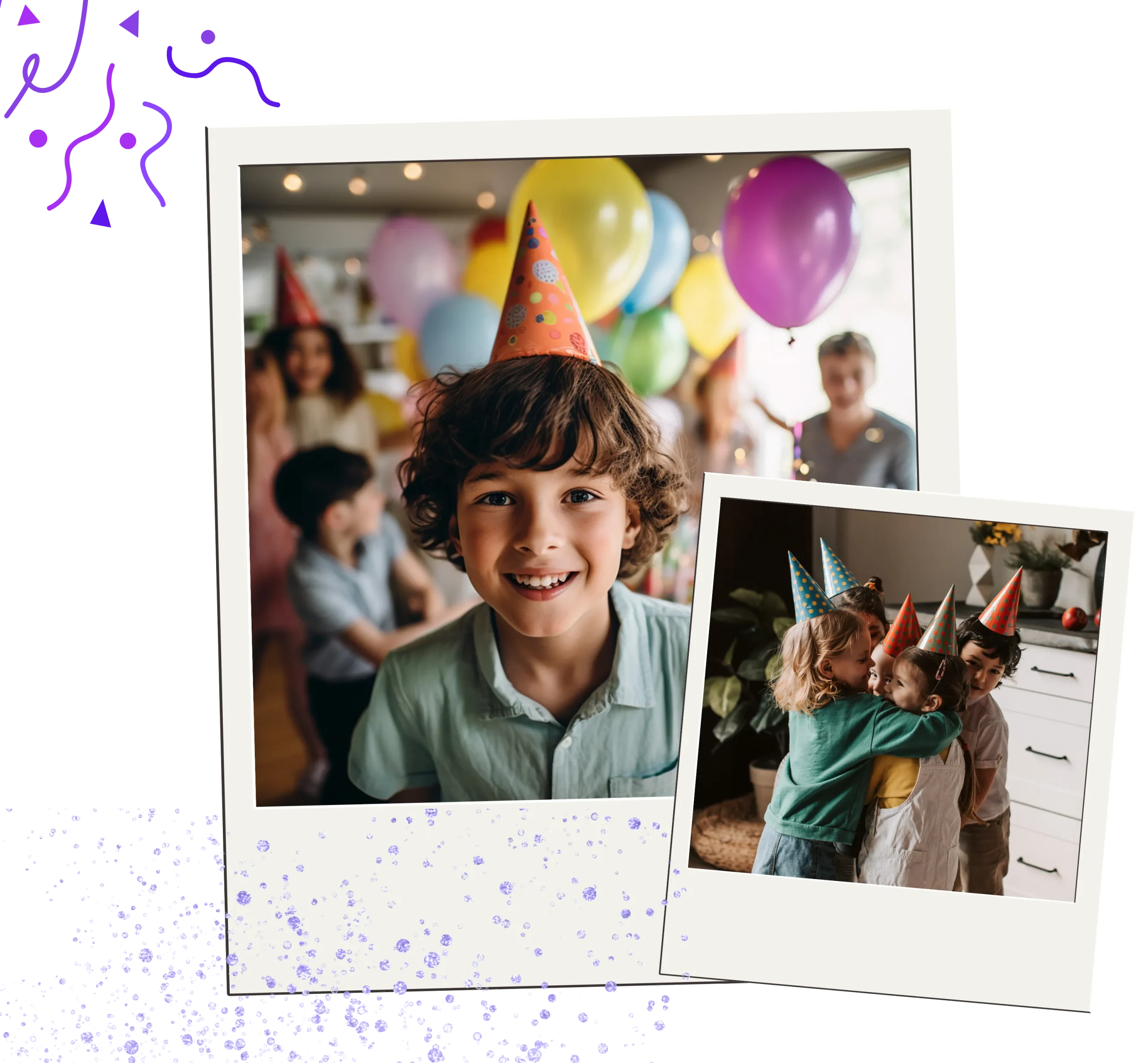 Kids celebrating a birthday party with balloons and party hats in a fun and joyful atmosphere