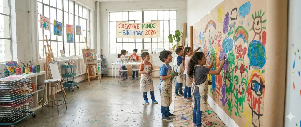 Kids working together on a space mission puzzle at an indoor party, illustrating experience-first birthday party trends in 2026.