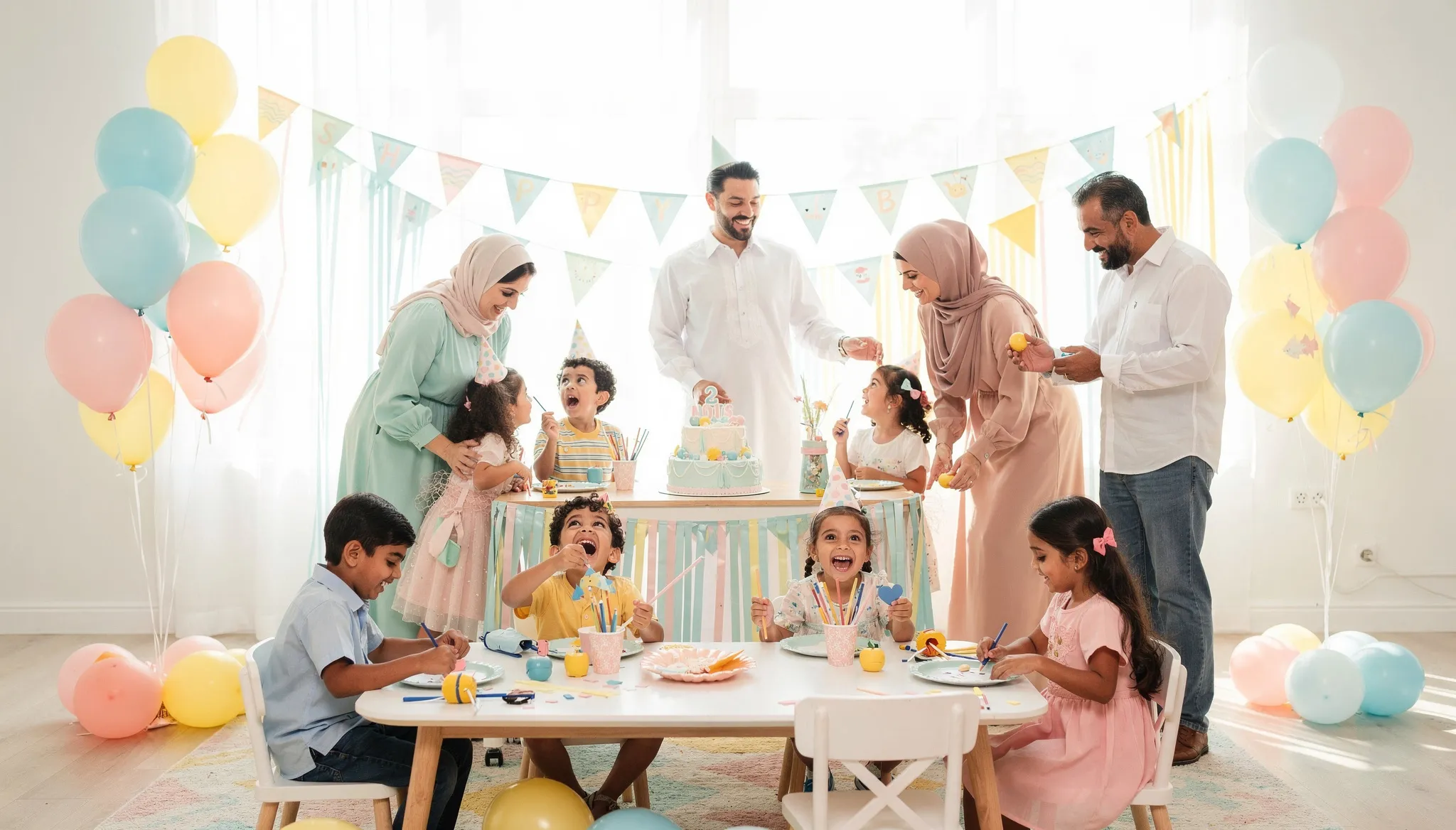 Arab families celebrating a cheerful kids birthday party with colorful decorations, activities, and a birthday cake indoors
