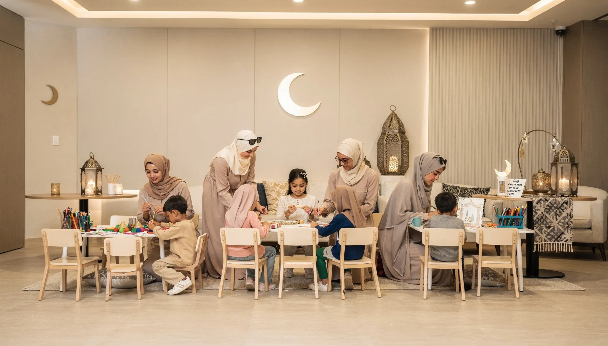 Children participating in organized Eid Al Fitr arts, crafts, and face painting activities inside a professionally decorated indoor venue