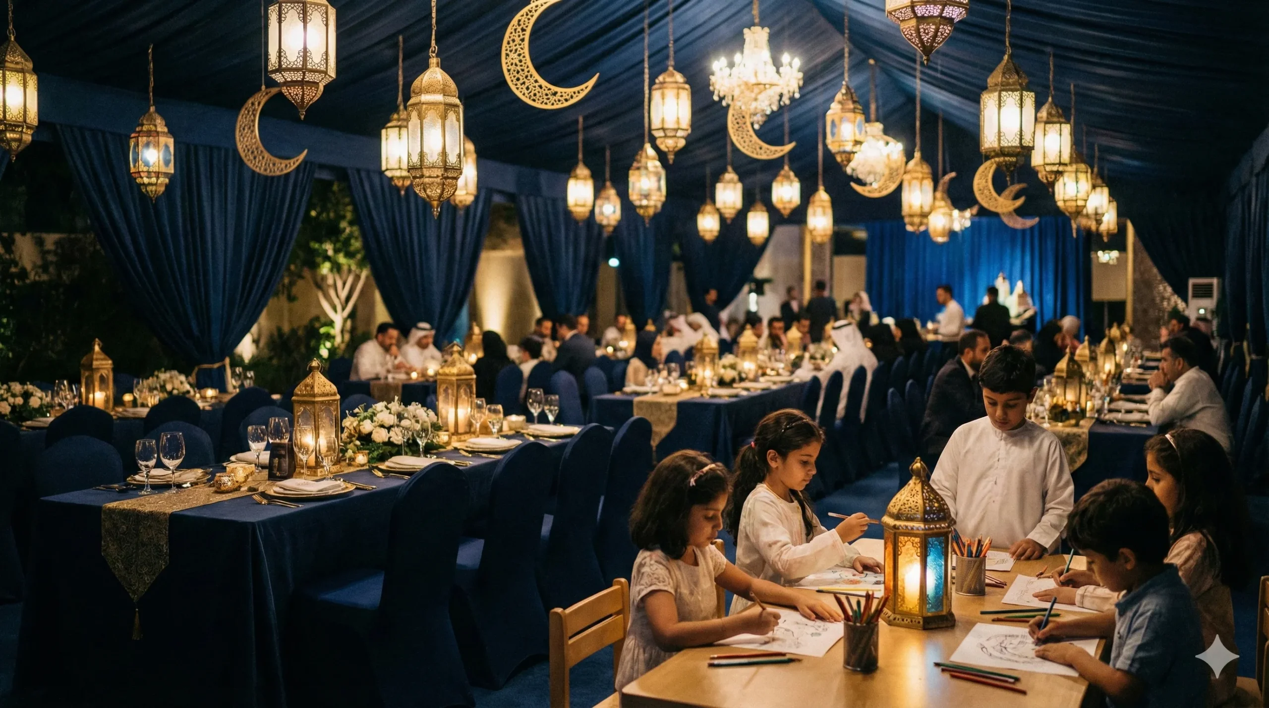 Children painting lanterns at a corporate Ramadan family Iftar event with warm lighting and gold decorations.