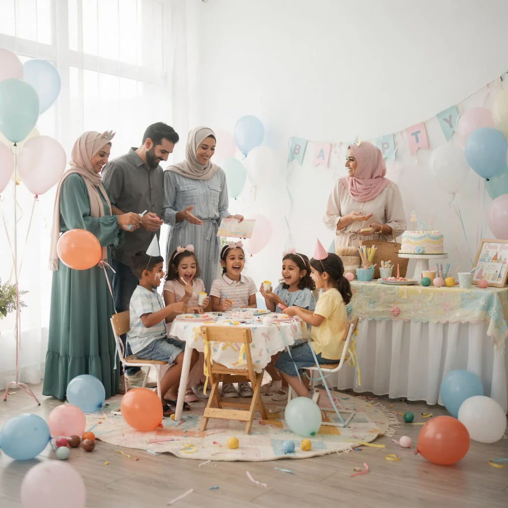 Arab families enjoying a cheerful and well-organized kids birthday party with activities, decorations, and cake indoors