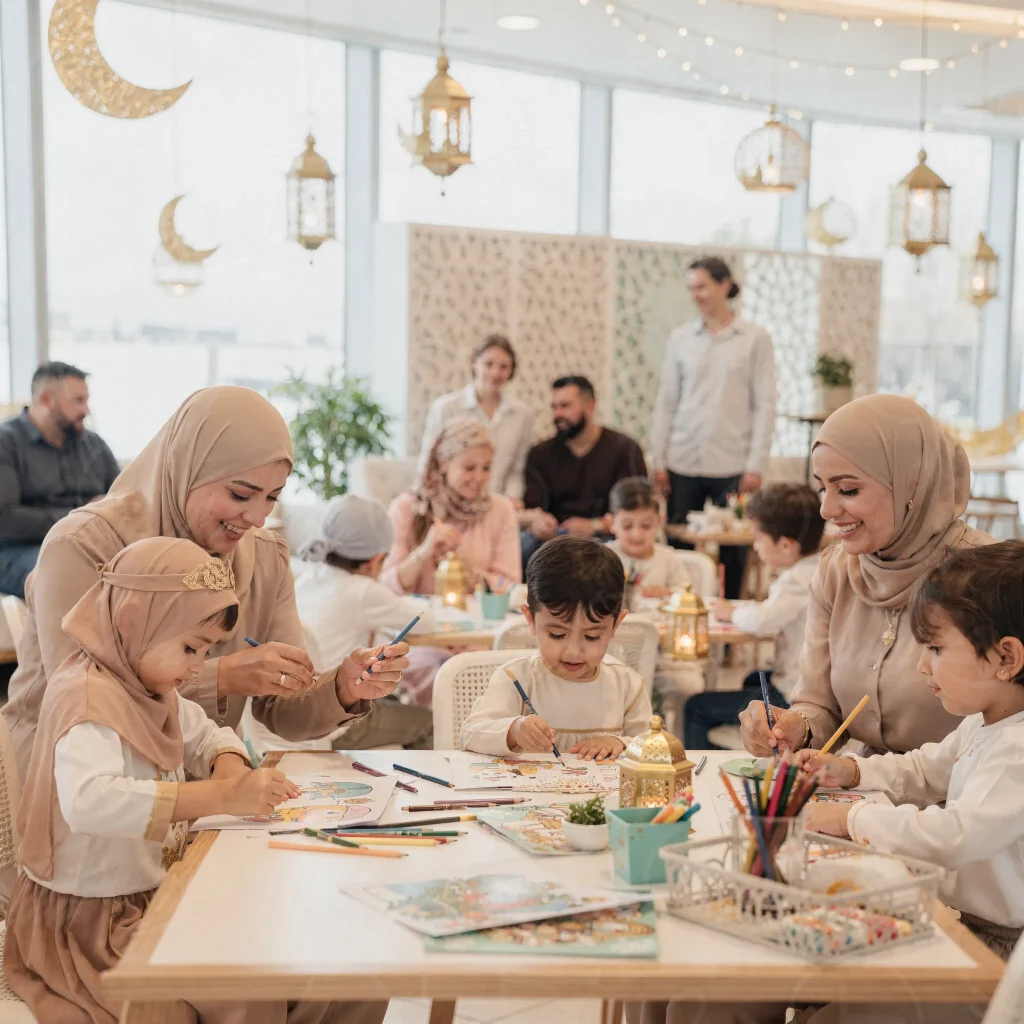 Children participating in organized Eid Al Fitr arts and crafts activities inside a family-friendly indoor venue