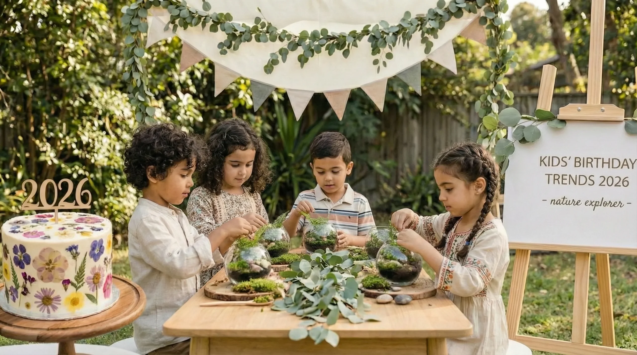 Diverse group of happy children planting flowers in a garden, representing sustainable and screen-free kids' birthday party trends.