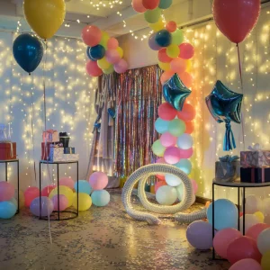 Colorful kids birthday party setup with balloons and themed decorations