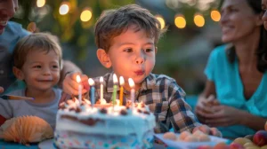 Happy child blowing birthday candles during a kids birthday party