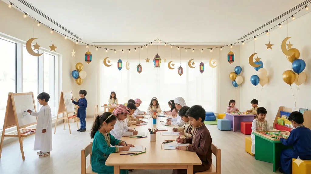 Kids celebrating Eid Al Fitr with drawing and creative activities in a festive kids-only setup with lanterns and crescent decorations at a corporate Eid event in Abu Dhabi.