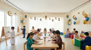 Kids celebrating Eid Al Fitr with drawing and creative activities in a festive kids-only setup with lanterns and crescent decorations at a corporate Eid event in Abu Dhabi.