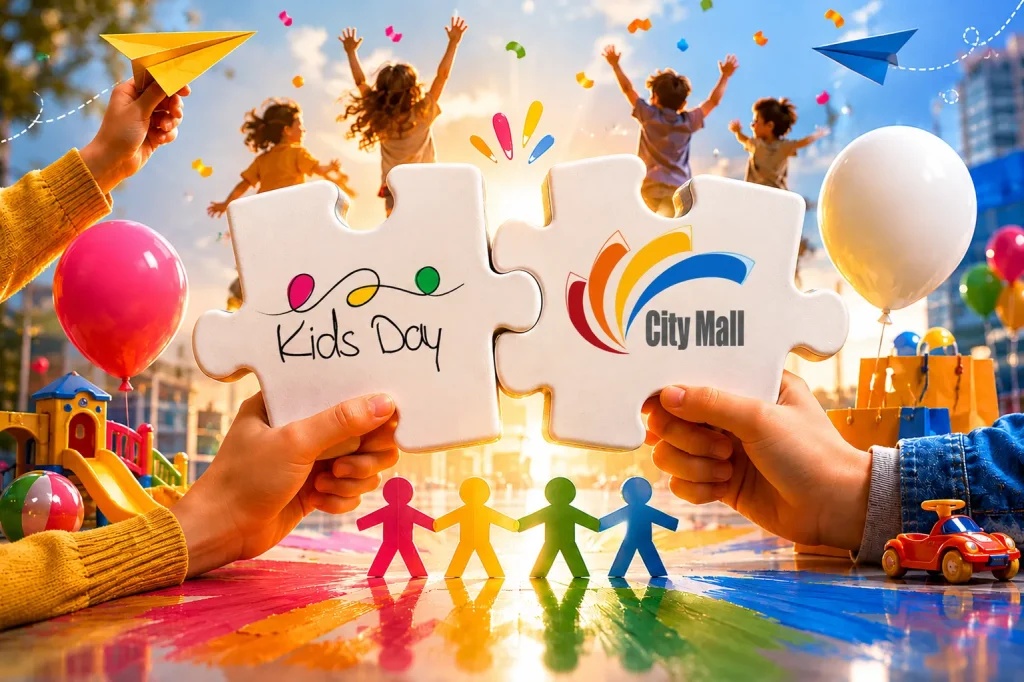 Kids Day and City Mall logos displayed on connecting puzzle pieces in a colorful family entertainment scene.