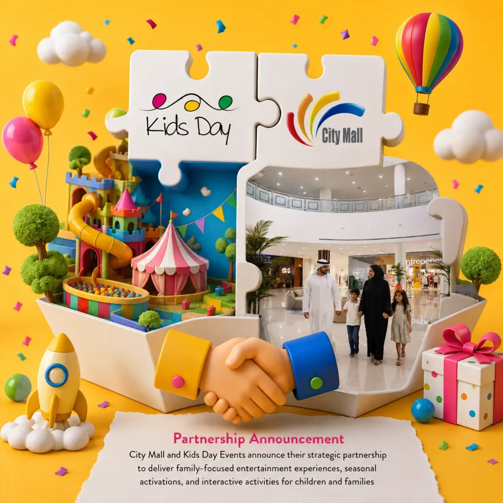 Kids Day and City Mall partnership announcement visual with puzzle pieces, a mall scene, colorful playground elements, balloons, and a handshake.