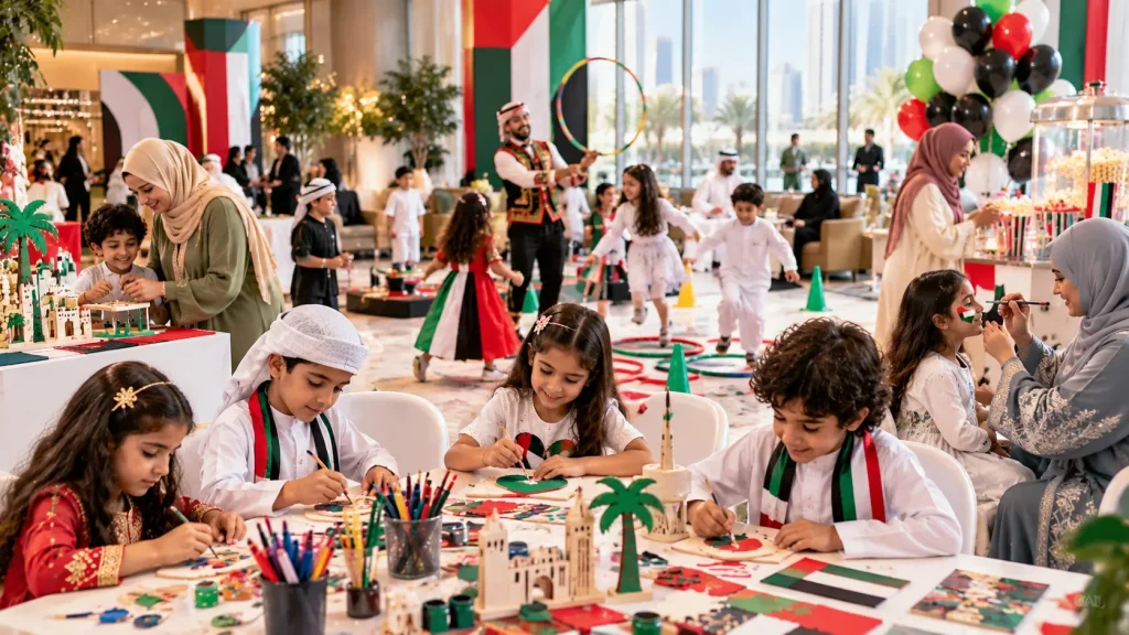 Children and families enjoying UAE National Day activities for companies, including crafts, games, face painting, and family entertainment.