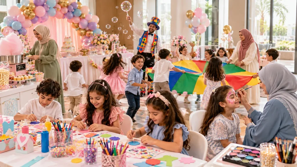 Children enjoying birthday party activities for kids in UAE including games, arts and crafts, face painting, and entertainment.