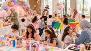 Children enjoying birthday party activities for kids in UAE including games, arts and crafts, face painting, and entertainment.