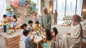 Professional event planners managing a bright, modern children's birthday party in a UAE venue with pastel balloon decor, arts and crafts stations, and diverse kids playing.